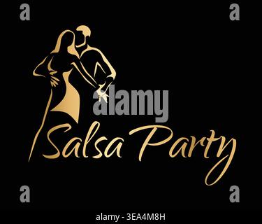 Elegant salsa party logo with stylized dancing couple in gold gradient on black background. Luxury latin dance design with flowing lines and dynamic m Stock Vector