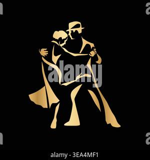 Stylized tango dancing couple in elegant gold gradient isolated on black background. Graceful silhouette with expressive pose and dramatic movement. L Stock Vector