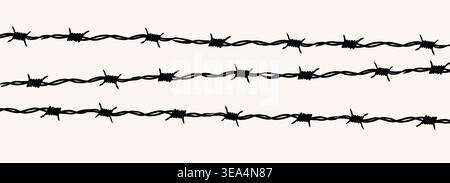 Barbed wire silhouette border, fence. Spiked wire with sharp barbs along its perimeter. Twisted ring y2k, round border tattoo, gothic textured steel frame,. Vector illustration Stock Vector