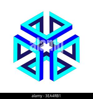 Blue impossible cube. Paradox structure Vector. Cyan optical illusion. Geometric frame symbol. Stock Vector