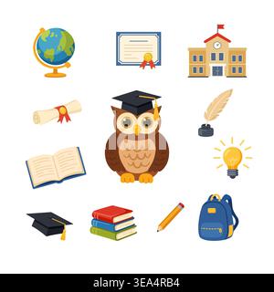 Set of colorful educational school icons with cartoon owl in mortarboard Stock Vector