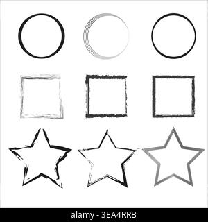 Grunge shape collection. Circle square stars. Abstract contour set. Vector frame border. Stock Vector