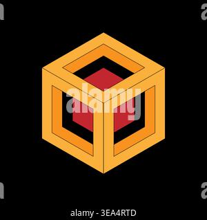 Sophisticated isometric cube. Central red cores. Outstanding orange Vector. Magnificent black background illustration. Stock Vector