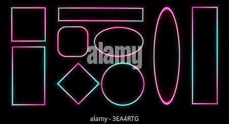 A set of pink-blue neon frames of various shapes. Vector illustration on a black background. Stock Vector