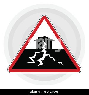 A bold triangular warning sign depicting a house over cracked ground, symbolizing earthquake danger, disaster risk, and structural instability awarene Stock Vector
