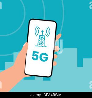 Flat vector illustration of a smartphone displaying 5G network signal with tower icon, representing high-speed internet, connectivity, and modern wire Stock Vector