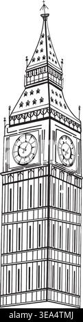 Big Ben London Landmark Black and White Vector, Outline Line Art Illustration, Travel Architecture Clipart Isolated Design Stock Vector