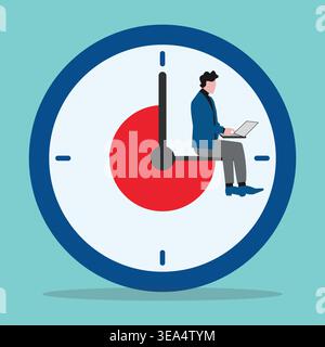 Flat vector illustration of a businessman working on a laptop while sitting on a clock, symbolizing time management, productivity, deadlines, and effi Stock Vector