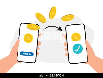 Flat vector illustration of mobile money transfer between smartphones with coins and confirmation icon, representing digital payment, fintech, and onl Stock Vector