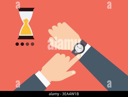 Flat illustration showing a person checking a wristwatch with an hourglass icon, representing time management, productivity, deadlines, and efficient Stock Vector