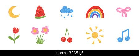 Crayon pencil set preschool kindergarten doodle icons. Childish scribble rainbow, stars, sun and moon, flowers, cherry in sketch style. . Vector illustration Stock Vector