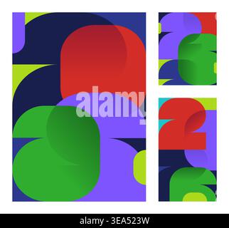 A set of minimalist vector backgrounds for 2026 events. Bright geometric shapes of numbers 2026 on colorful backgrounds. Versatile templates for posters, banners and social media covers. Stock Vector