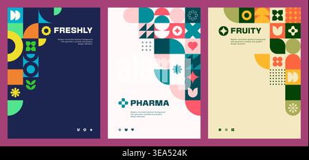 Set of three minimalist abstract posters for the healthy food market, pharmaceutical company, and organic fruits brand. Flat geometric style, clean Swiss typography. Vector design templates. Stock Vector
