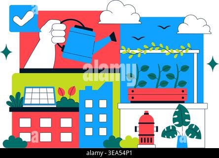 Urban Micro Farming Illustration of a Sustainable City Gardening Concept Featuring Home Hydroponic Plants and Eco Friendly Food Production Design Stock Vector