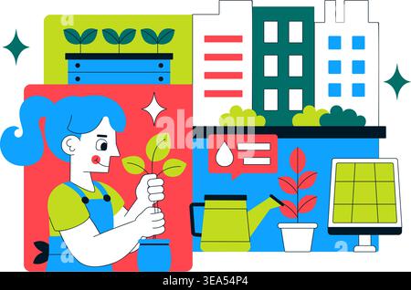 Urban Micro Farming Illustration of a Sustainable City Gardening Concept Featuring Home Hydroponic Plants and Eco Friendly Food Production Design Stock Vector