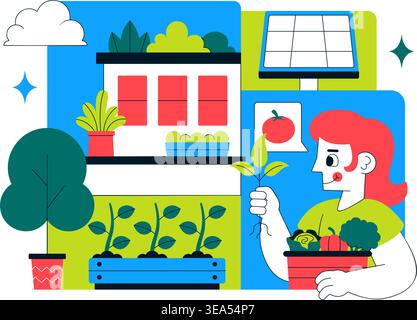 Urban Micro Farming Illustration of a Sustainable City Gardening Concept Featuring Home Hydroponic Plants and Eco Friendly Food Production Design Stock Vector