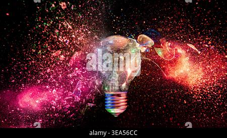 Real Light bulb exploding black background Stock Photo