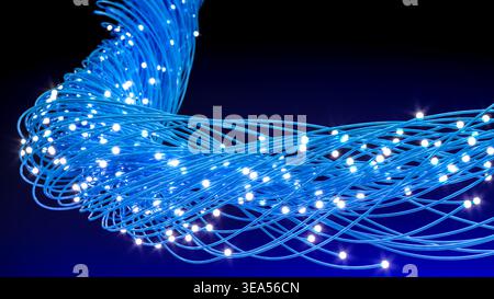 3d Fiber optics cables forming a twisted blue gradient background Stock Photo