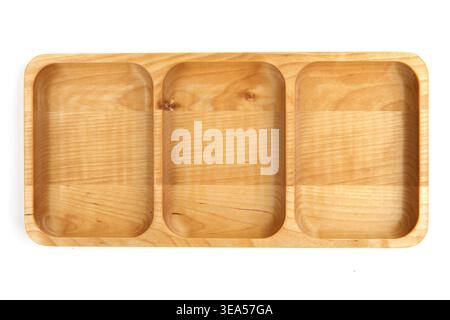 Portion wooden dish isolated on white background. Empty squared serving plate or tray, top view. Stock Photo