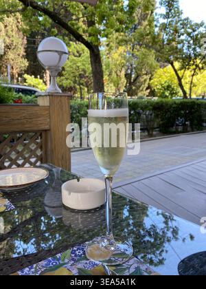 Glass of sparkling wine on outdoor terrace table with greenery background, relaxed summer lifestyle scene Stock Photo
