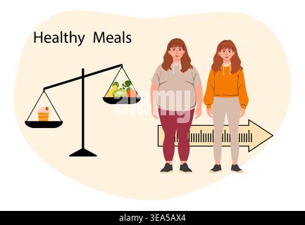Healthy meals concept with diet comparison and weight loss journey illustration vector Stock Vector