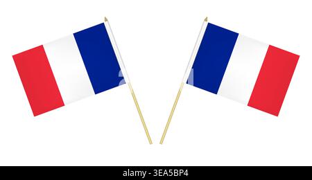 Two French flags isolated on white background, vector illustration. The flag of France on pole Stock Vector