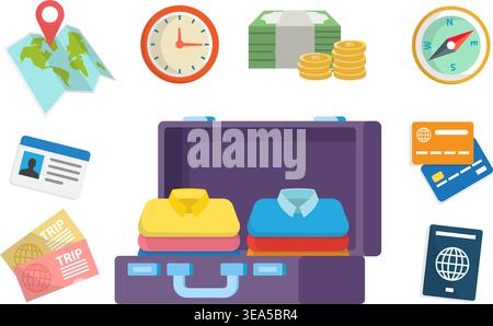 Essential travel items including luggage, passport, money, and tickets arranged for trip planning and vacation prep. Stock Vector