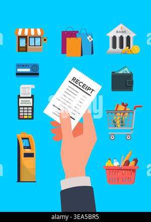 Vector illustration of retail shopping elements including banking, payment terminal, groceries, and a hand holding a receipt. Stock Vector