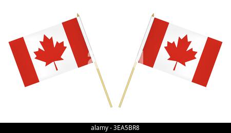 Two Canadian flags isolated on white background, vector illustration. The flag of Canada on pole Stock Vector