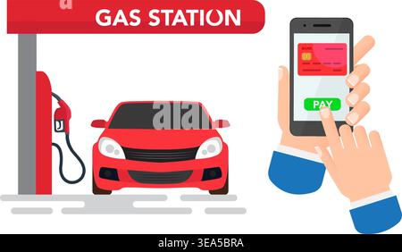 A flat illustration showing a person using a smartphone app to pay for fuel at a red car gas station pump. Stock Vector