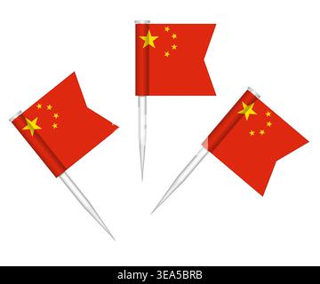 Chinese flag push pins, vector illustration. Mini stick small flags of China isolated on white background Stock Vector