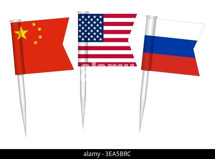 Chinese, US and  Russian flag push pin set, vector illustration. Mini stick flags of China, USA and Russia Stock Vector