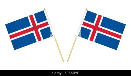 Two small Icelandic flags isolated on white background, vector illustration. Flag of Iceland on pole Stock Vector
