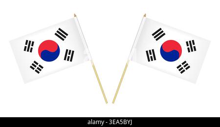 Two South Korean flags isolated on white background, vector illustration. Republic of Korea flag on pole Stock Vector