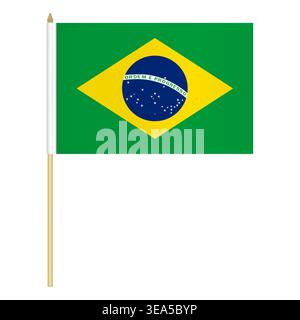 Small hand held Brazilian flag isolated on white background, vector illustration. Mini flag of Brazil on pole Stock Vector