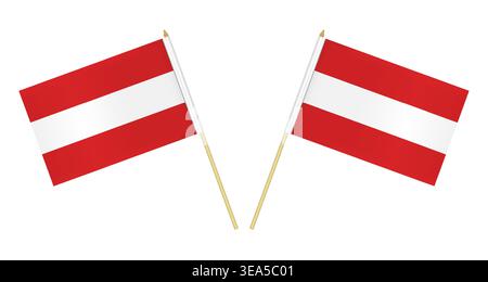 Two small Austrian flags isolated on white background, vector illustration. Flag of Austria on pole Stock Vector