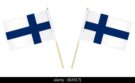 Two small Finnish flags isolated on white background, vector illustration. Flag of Finland on pole Stock Vector