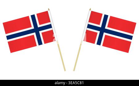 Two small Norwegian flags isolated on white background, vector illustration. Flag of Norway on pole Stock Vector