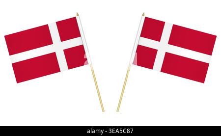 Two small Danish flags isolated on white background, vector illustration. Flag of Denmark on pole Stock Vector