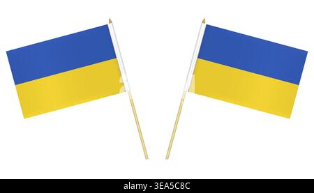Two small hand Ukrainian flags isolated on white background, vector illustration. Flag of Ukraine on pole Stock Vector