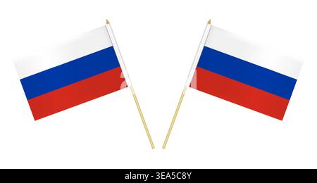 Two small Russian flags isolated on white background, vector illustration. Flag of Russia on pole Stock Vector
