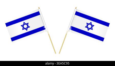 Two small Israeli flags isolated on white background, vector illustration. Flag of Israel on pole Stock Vector