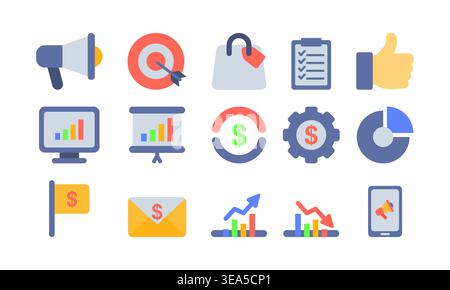 Vector illustration of a digital marketing icon set including social media, analytic, advertising, and online business elements. Stock Vector