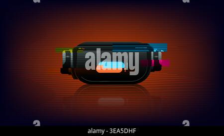 Abstract digital illustration of futuristic VR headset with colorful glitch effects on a dark neon background Stock Vector
