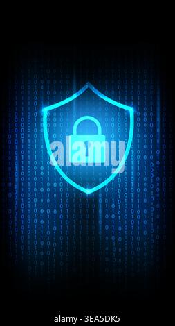 Cybersecurity vertical screen with glowing lock shield, binary code background and data protection theme Stock Vector