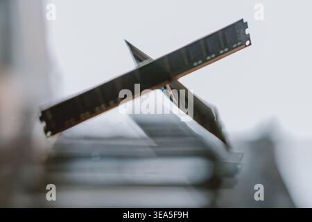 Close-up of two crossed RAM modules in motion blur, abstract tech hardware photography with shallow Stock Photo