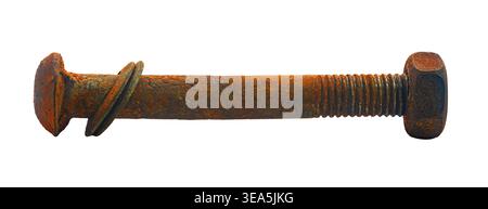 rusty construction bolt close-up on white isolated background Stock Photo