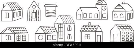 Cute simple rural houses set in doodle style. Hand drawn outline real estate. Wooden cottage, country house, home clip art. Vector graphics Stock Vector