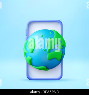 3D Earth globe icon floating on smartphone screen. Stock Vector