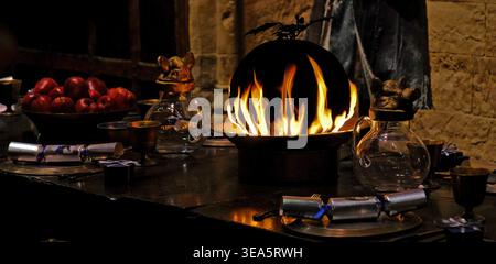 Flaming Christmas Pudding, The Great Hall of Warner Bros Studio Tour, Studio Tour Dr, Leavesden, Watford WD25 7LR United Kingdom Stock Photo